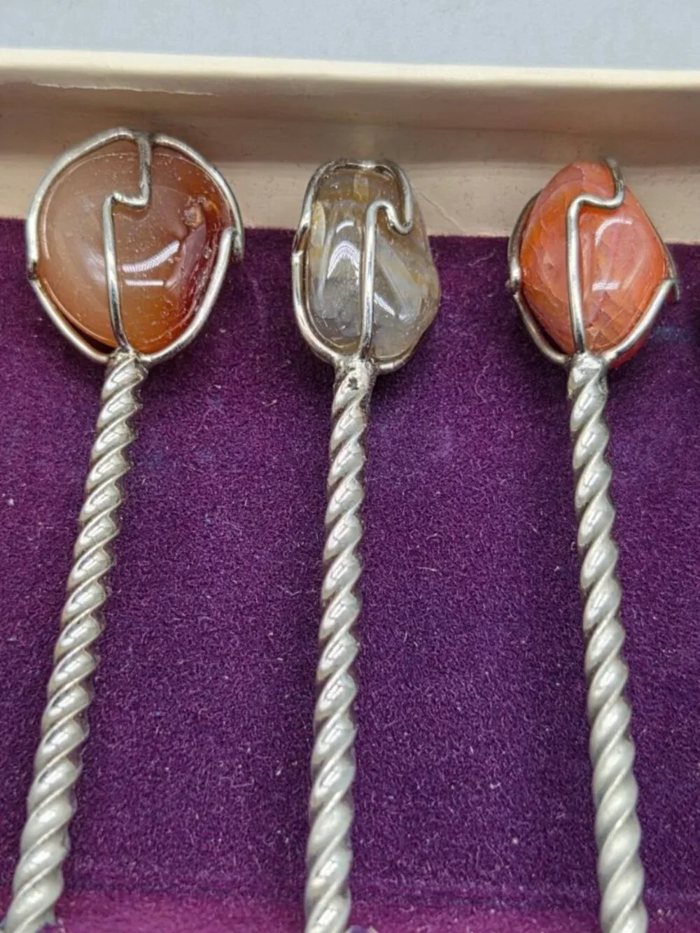 VTG Barasch Sylmar Gemstone Cocktail Forks Set of 6 Brazil Original Boxed MCM